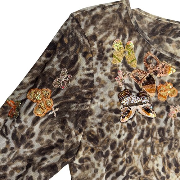 VTG Dana Buchman Brown Leopard Print Top W/ Sequin Butterfly Embellishments Sz S - Picture 5 of 11